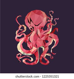 Colorful polygonal style design of wild creature octopus in pink colors on a violet background