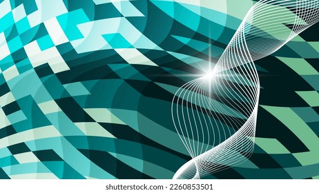 Papel colorido poligonal en tonos verde y aguamarina. Un destello de luz, líneas onduladas entrelazadas sobre el fondo de una superficie de varillas suavemente deformada. Vector.
