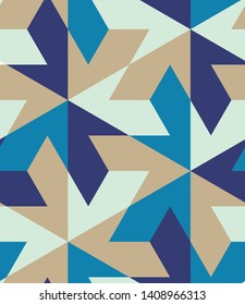 Colorful polygons shapes tile mosaic multi-colored blocks, seamless repeat vector pattern.  Triangle, square, diamond, trapezoid, hexagon, polygon.  Shades of blue and tan beige brown.