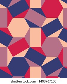 Colorful polygons shapes tile mosaic multi-colored blocks, seamless repeat vector pattern.  Triangle, square, diamond, trapezoid, hexagon, polygon. Red, blue, peach, and purple pink mauve.