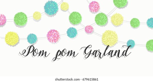 Colorful pom pom garland over white background. Vector illustration