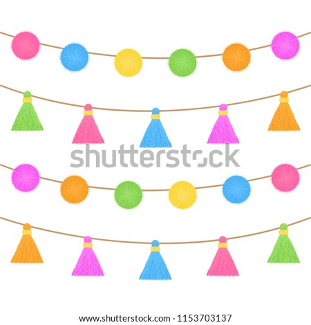 Colorful pom poms and tassels on string. Fringe garlands, vector graphic illustration isolated.