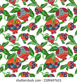  Frutos granados coloridos con un patrón geométrico y hojas verdes en un estilo de patrón sin fisuras. Textura, envoltura, patrón o impresión. Imagen vectorial plana.