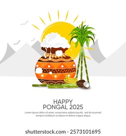 Colorful Pongal celebration design with sun, clay pot, sugarcane and fruits, vector illustration.