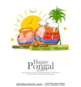 Colorful Pongal celebration design with sun, clay pot, and sugarcane, vector illustration.