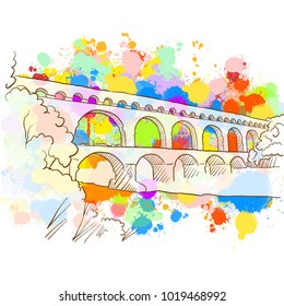 Colorful Pont du Gard Sketch. Hand Drawn Vector Illustration, Paint Splatter Color Isolated on White Background. Business Travel and Tourism Concept with Modern Architecture.