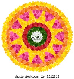 Colorful Pookkalam floral rangoli with Happy Onam Festival greeting. Traditional flower decoration made for Onam celebration in Kerala, India