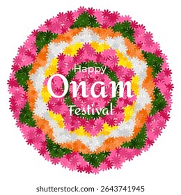 Colorful Pookkalam floral rangoli with Happy Onam Festival greeting. Traditional flower decoration made for Onam celebration in Kerala, India