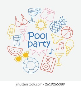 Colorful pool party poster with summer elements including ice cream, drinks, sunglasses, swimwear, and a speaker arranged in a fun circular design. Vector illustration