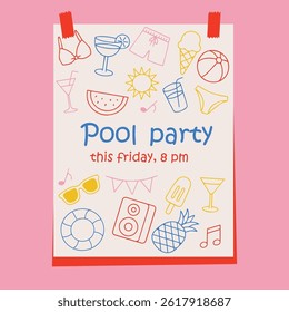 Colorful pool party poster with summer-themed illustrations like swimsuits, cocktails, ice cream, and music notes, promoting an event this Friday . Vector illustration