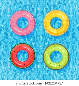 Colorful pool rings on water background Vector. Summer poster inflatable life rings in fruits style