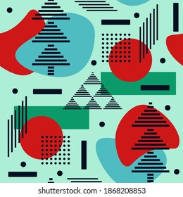 colorful pop art abstract pattern with christmas trees and geometric shapes