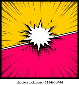 Colorful Pop Art Backdrop Mock Up. Vector Illustration Halftone Dot Chat Mockup Versus Comic Text. Silhouette Boom Explosion. Speech Bubble Box Balloon. Comics Book Empty Colored Template Background.