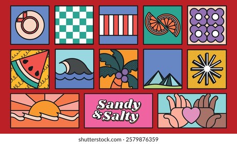 Colorful pop art collage with vibrant patterns, geometric shapes, and playful designs. Includes fruits, waves, and abstract motifs in a lively, artistic style. Summer vacation illustrations, vectors.