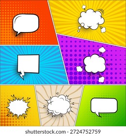 Fondo cómico de arte pop colorido con burbujas de discurso en blanco, paneles dinámicos, rayos radiales y patrones de puntos de medio tono. Perfecto para cómics, carteles, Anuncios, publicidad, redes sociales, presentaciones y diseños creativos con espacio de copia.