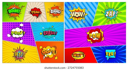 Fondo cómico de arte pop colorido que presenta palabras de efecto de sonido de acción como boom, wow, pow y zap con rayos radiales y puntos de medio tono