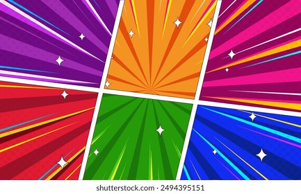 Colorful Pop Art Comic Panel Design Backgroun. Colorful frames divided by lines. purple, orange, pink, red, green and blue color