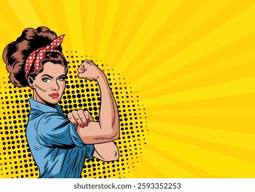 Colorful pop art comic poster "Strong woman" with lady showing bicep on her arm with words "We can do it", vector illustration