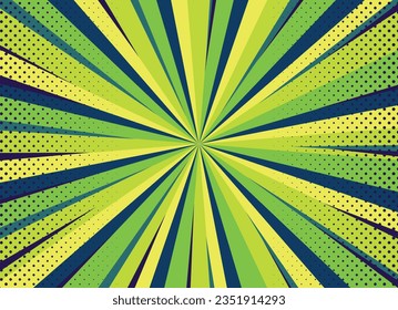 Colorful pop art dotted comic style background with rays. Vector illustration in blue and green colors