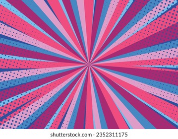 Colorful pop art dotted comic style background with rays. Vector illustration in blue and pink colors