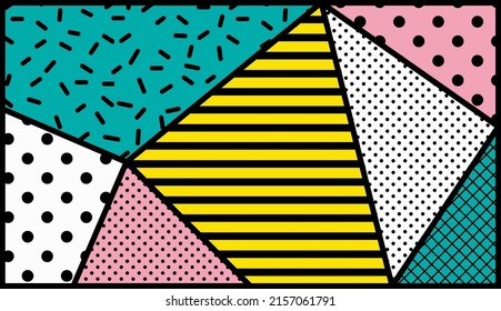 Colorful pop art geometric pattern juxtaposed with bright bold blocks of squiggles, polka dot, striped. Material design background elements composition.