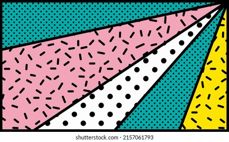 Patrón geométrico de arte pop colorido yuxtapuesto con bloques brillantes de negritas de calamares, punto de polka, rayado. Composición de elementos de fondo del diseño de materiales.