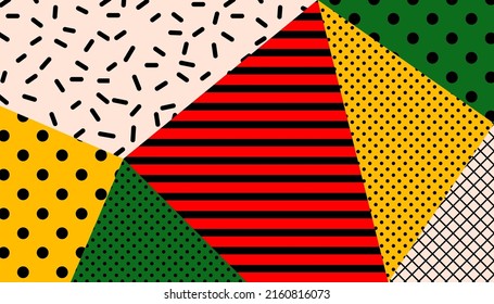 Patrón geométrico de arte pop colorido yuxtapuesto con bloques brillantes de negritas de calamares, punto de polka, rayado. Composición de elementos de fondo del diseño de materiales.
