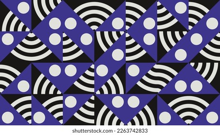 Colorful pop art geometric pattern juxtaposed with bright bold blocks of squiggles, polka dot, striped. Material design background elements composition.