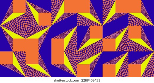 Colorful pop art geometric pattern juxtaposed with bright bold blocks of squiggles, polka dot, striped. Material design background elements composition.