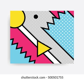 Colorful Pop art geometric pattern with bright bold blocks squiggles. Material Design Background in Pink Yellow Blue Black and White. Prospectus, poster, magazine, broadsheet, leaflet, book