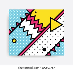 Colorful Pop art geometric pattern with bright bold blocks squiggles. Material Design Background in Pink Yellow Blue Black and White. Prospectus, poster, magazine, broadsheet, leaflet, book
