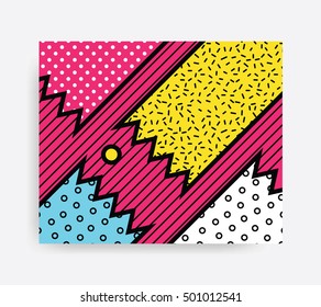 Colorful Pop art geometric pattern with bright bold blocks squiggles. Material Design Background in Pink Yellow Blue Black and White. Prospectus, poster, magazine, broadsheet, leaflet, book