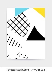 Colorful Pop art geometric pattern with bright bold blocks squiggles. Colorful Material Design Background in Pink Yellow Blue Black and White. Prospectus, poster, magazine, broadsheet, leaflet, book