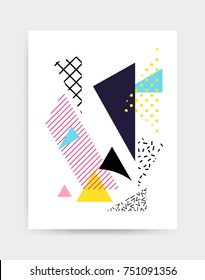 Colorful Pop art geometric pattern with bright bold blocks squiggles. Colorful Material Design Background in Pink Yellow Blue Black and White. Prospectus, poster, magazine, broadsheet, leaflet, book