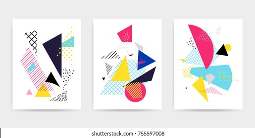 Colorful Pop art geometric pattern with bright bold blocks squiggles. Colorful Material Design Background in Pink Yellow Blue Black and White. Prospectus, poster, magazine, broadsheet, leaflet, book