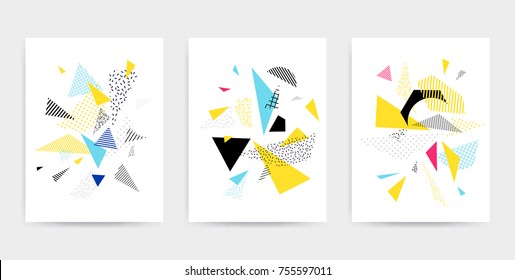 Colorful Pop art geometric pattern with bright bold blocks squiggles. Colorful Material Design Background in Pink Yellow Blue Black and White. Prospectus, poster, magazine, broadsheet, leaflet, book