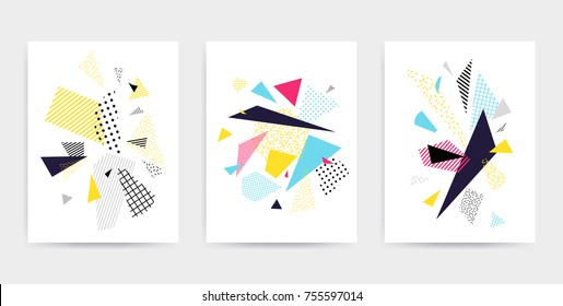 Colorful Pop art geometric pattern with bright bold blocks squiggles. Colorful Material Design Background in Pink Yellow Blue Black and White. Prospectus, poster, magazine, broadsheet, leaflet, book