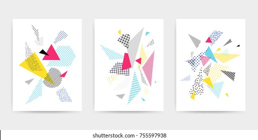 Colorful Pop art geometric pattern with bright bold blocks squiggles. Colorful Material Design Background in Pink Yellow Blue Black and White. Prospectus, poster, magazine, broadsheet, leaflet, book