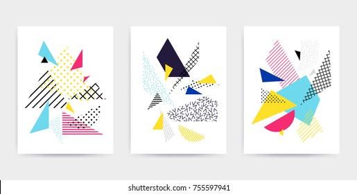 Colorful Pop art geometric pattern with bright bold blocks squiggles. Colorful Material Design Background in Pink Yellow Blue Black and White. Prospectus, poster, magazine, broadsheet, leaflet, book