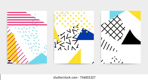 Colorful Pop Art Geometric Pattern With Bright Bold Blocks Squiggles. Colorful Material Design Background In Pink Yellow Blue Black And White. Prospectus, Poster, Magazine, Broadsheet, Leaflet, Book