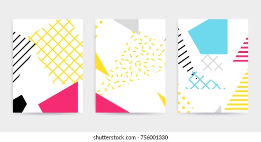 Colorful Pop art geometric pattern with bright bold blocks squiggles. Colorful Material Design Background in Pink Yellow Blue Black and White. Prospectus, poster, magazine, broadsheet, leaflet, book