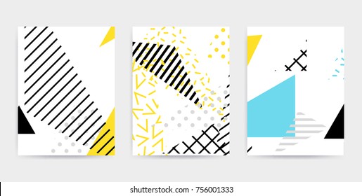 Colorful Pop art geometric pattern with bright bold blocks squiggles. Colorful Material Design Background in Pink Yellow Blue Black and White. Prospectus, poster, magazine, broadsheet, leaflet, book