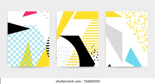 Colorful Pop art geometric pattern with bright bold blocks squiggles. Colorful Material Design Background in Pink Yellow Blue Black and White. Prospectus, poster, magazine, broadsheet, leaflet, book