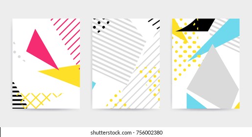 Colorful Pop art geometric pattern with bright bold blocks squiggles. Colorful Material Design Background in Pink Yellow Blue Black and White. Prospectus, poster, magazine, broadsheet, leaflet, book