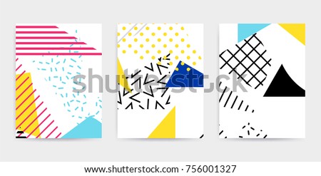 Colorful Pop art geometric pattern with bright bold blocks squiggles. Colorful Material Design Background in Pink Yellow Blue Black and White. Prospectus, poster, magazine, broadsheet, leaflet, book