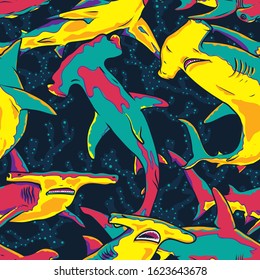 Colorful Pop Art Hammerhead Sharks seamless pattern Background