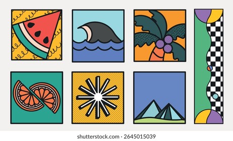 Colorful pop art icons featuring watermelon, wave, palm tree, and geometric patterns. Bright pop art style with bold colors and playful designs. Summer vacation illustrations, vector set.