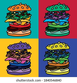 Colorful pop art illustration of decomposed burger