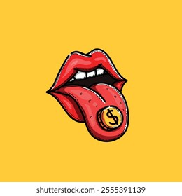 Colorful pop art illustration featuring red lips and a dollar coin on the tongue, set against a vivid yellow background. Represents concepts of wealth, expression, and contemporary art.