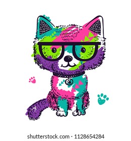 colorful pop art illustration with puppy dog drawing in cartoon style with bright paint spot and triangles inside of shape. dog paw trace.  Teenagers poster with animal funny character wearing glasses